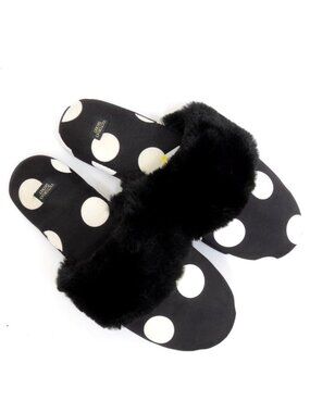Victoria's Secret Black & White Polka Dot Faux Fur Slippers Women's MED Coquette